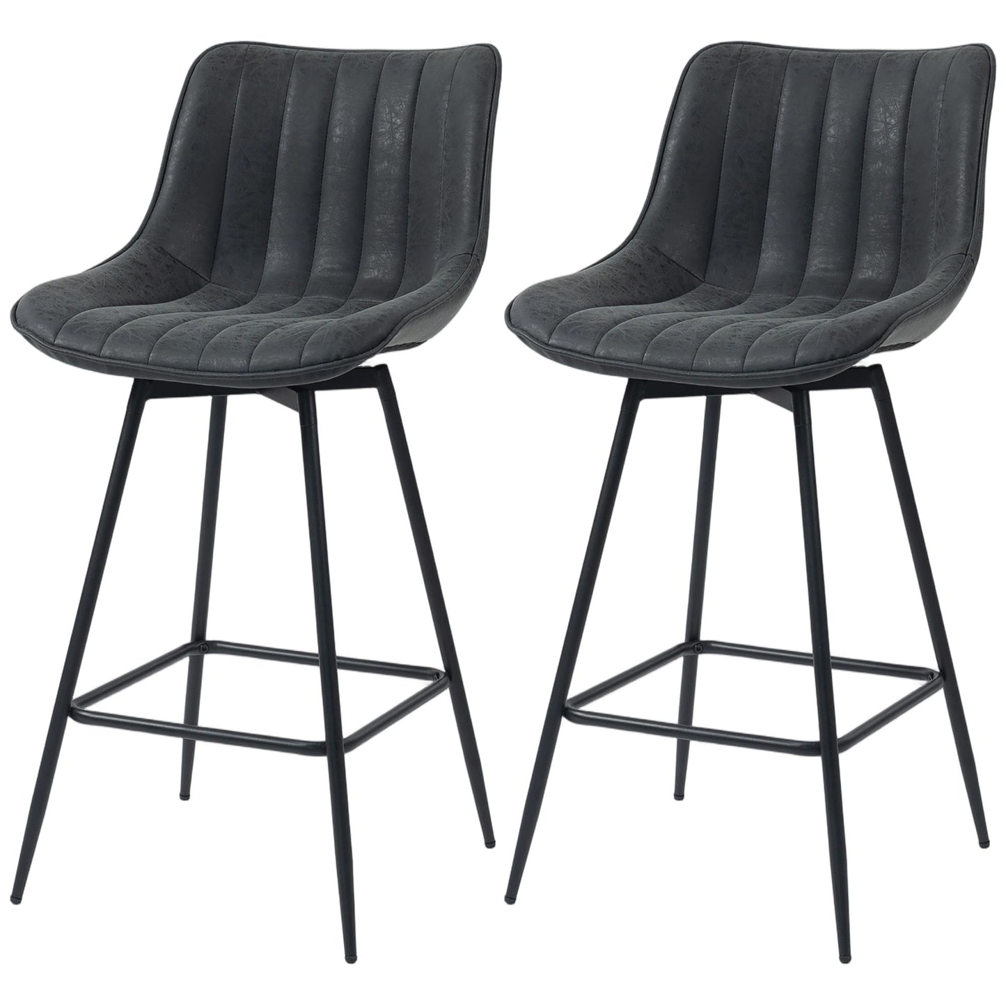 Set of 2 Counter Height Barstools, PU Leather Upholstered Bar Stools with Backrest, Footrest and Steel Legs, Black