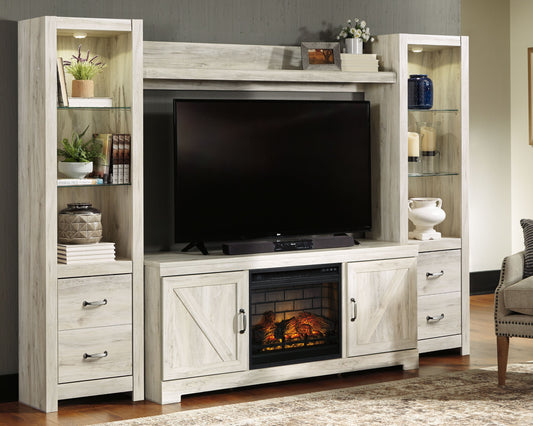 Bellaby - Whitewash - Entertainment Center - TV Stand With Faux Firebrick Fireplace Insert