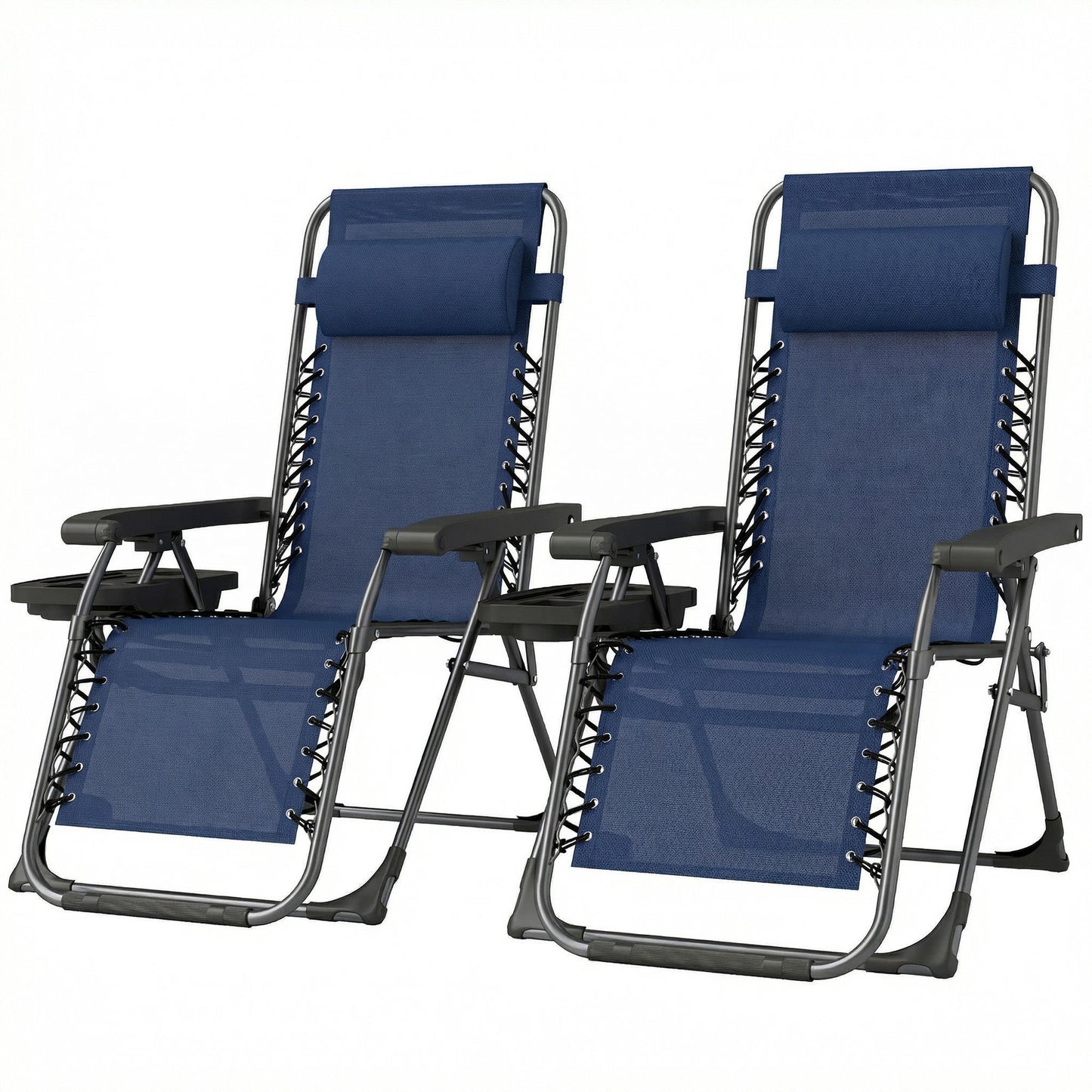 Zero Gravity Chair Set of 2, Folding Reclining Outdoor Lounge Chair with Cup Holder, Headrest, Dark Blue