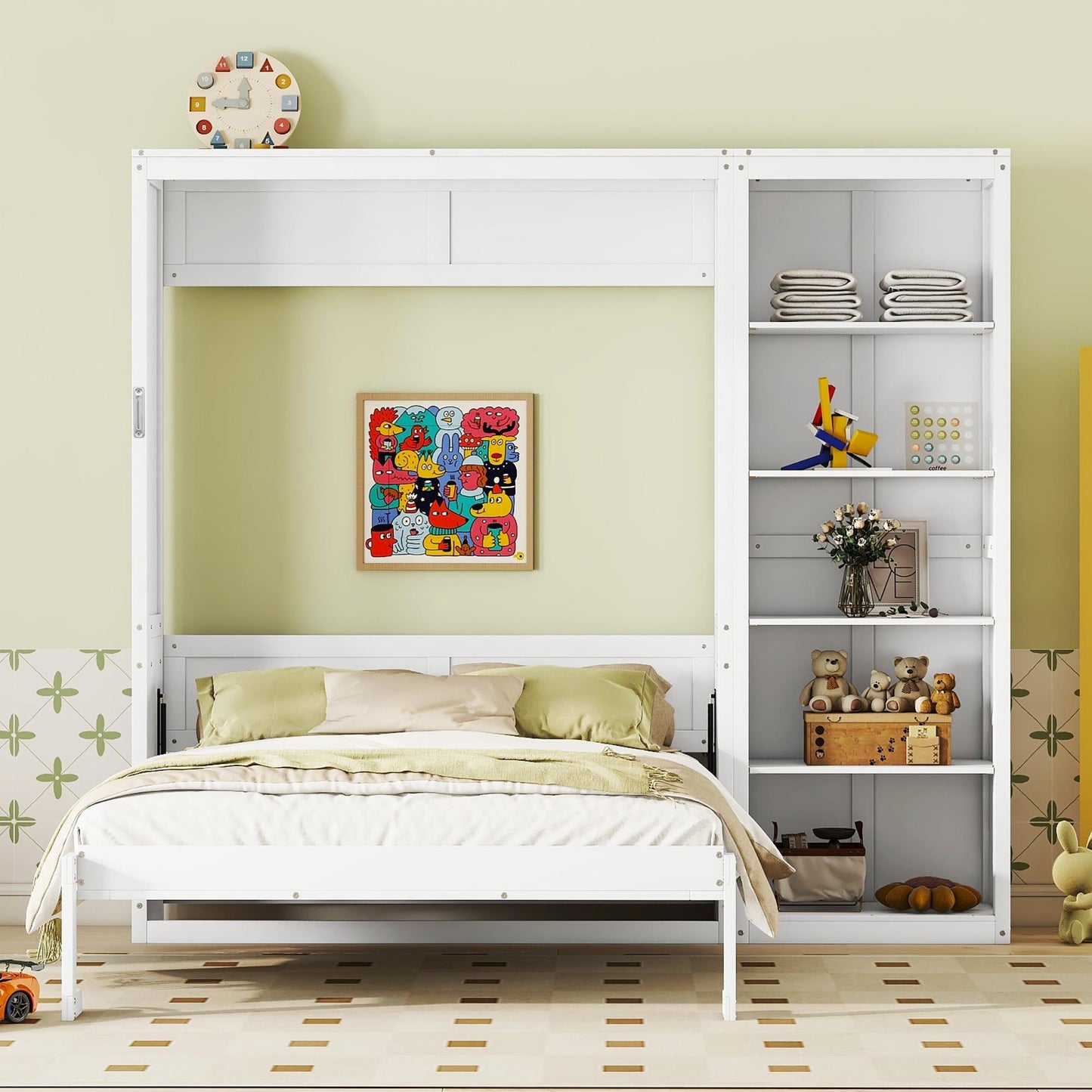 Queen Size Murphy Wall Bed with Reversible Shelf and Flexible Slat, Fold-Away Cabinet with 5-Tier Storage, 94'' L x 82'' W x 88.5'' H, White