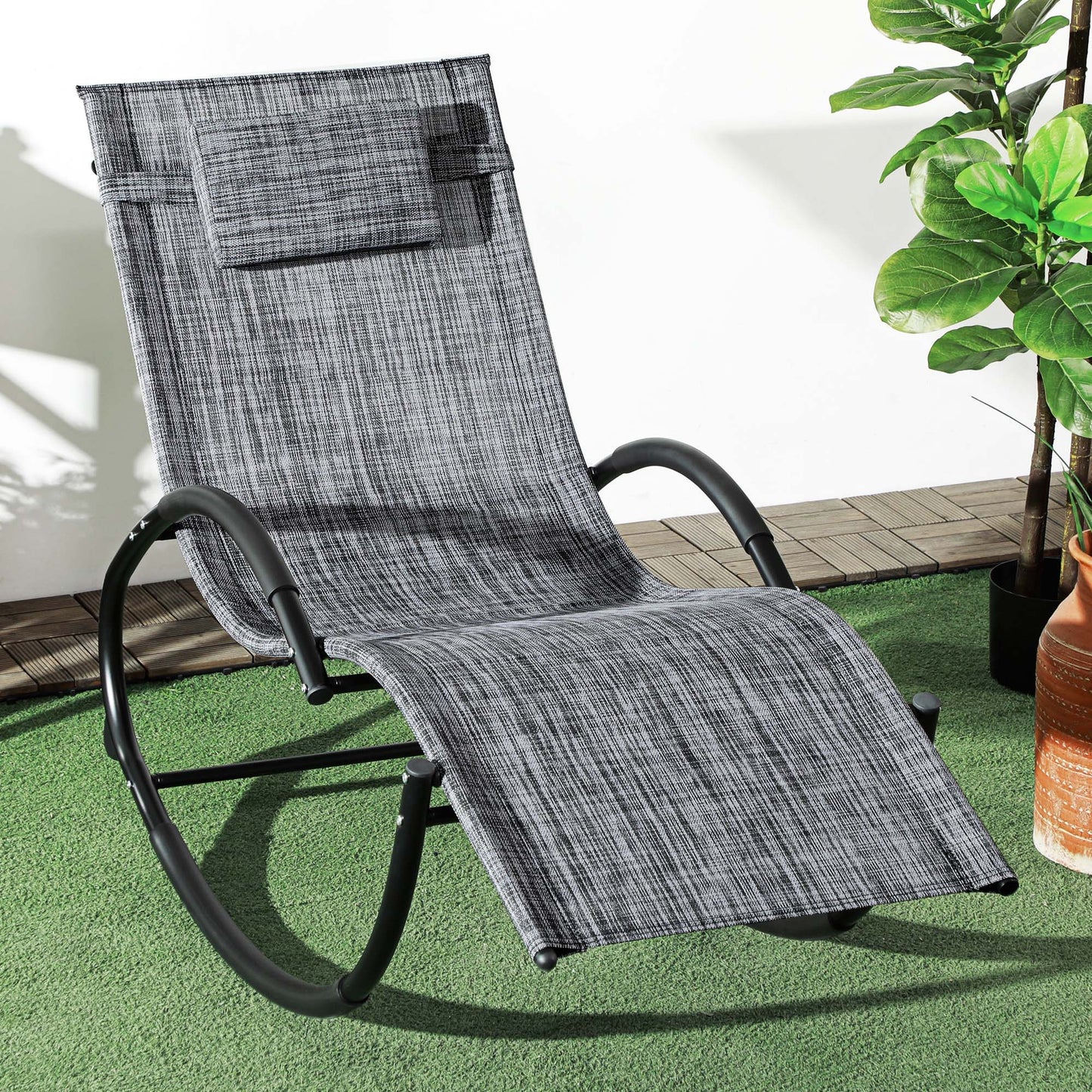 Outdoor Rocking Chair, Patio Zero Gravity Rocker with Mesh Seat and Padded Pillow for Indoor, Garden, Grey