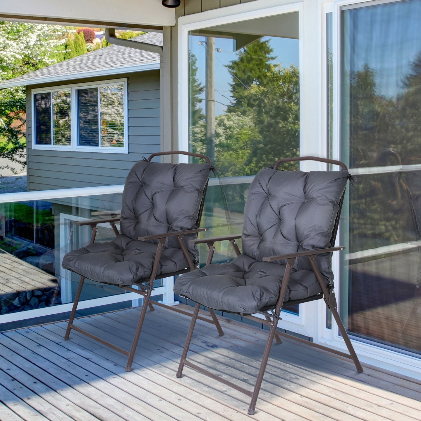 Patio Chair Cushions Set of 2, 39" x 20" x 3" Outdoor Tufted Cushion Set with Ties for Indoor Outdoor Garden Furniture, Dark Grey