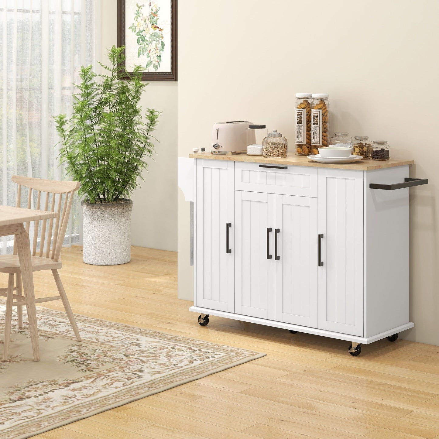 Rolling Kitchen Island Cart with Wood Top - White