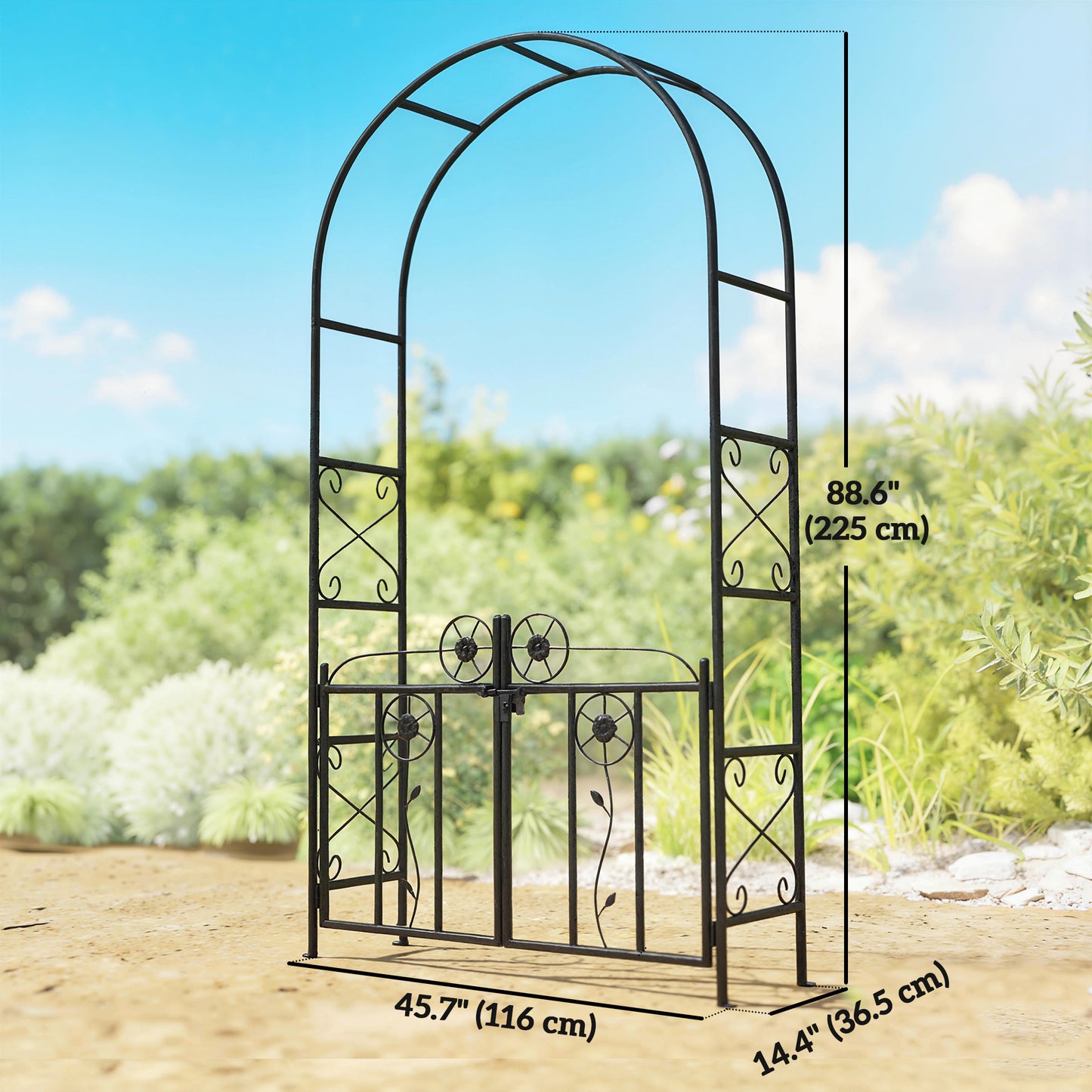 7.4 ft Garden Arch, Outdoor Trellis Arbor with Gate for Climbing Plants, Wedding Arch, Black