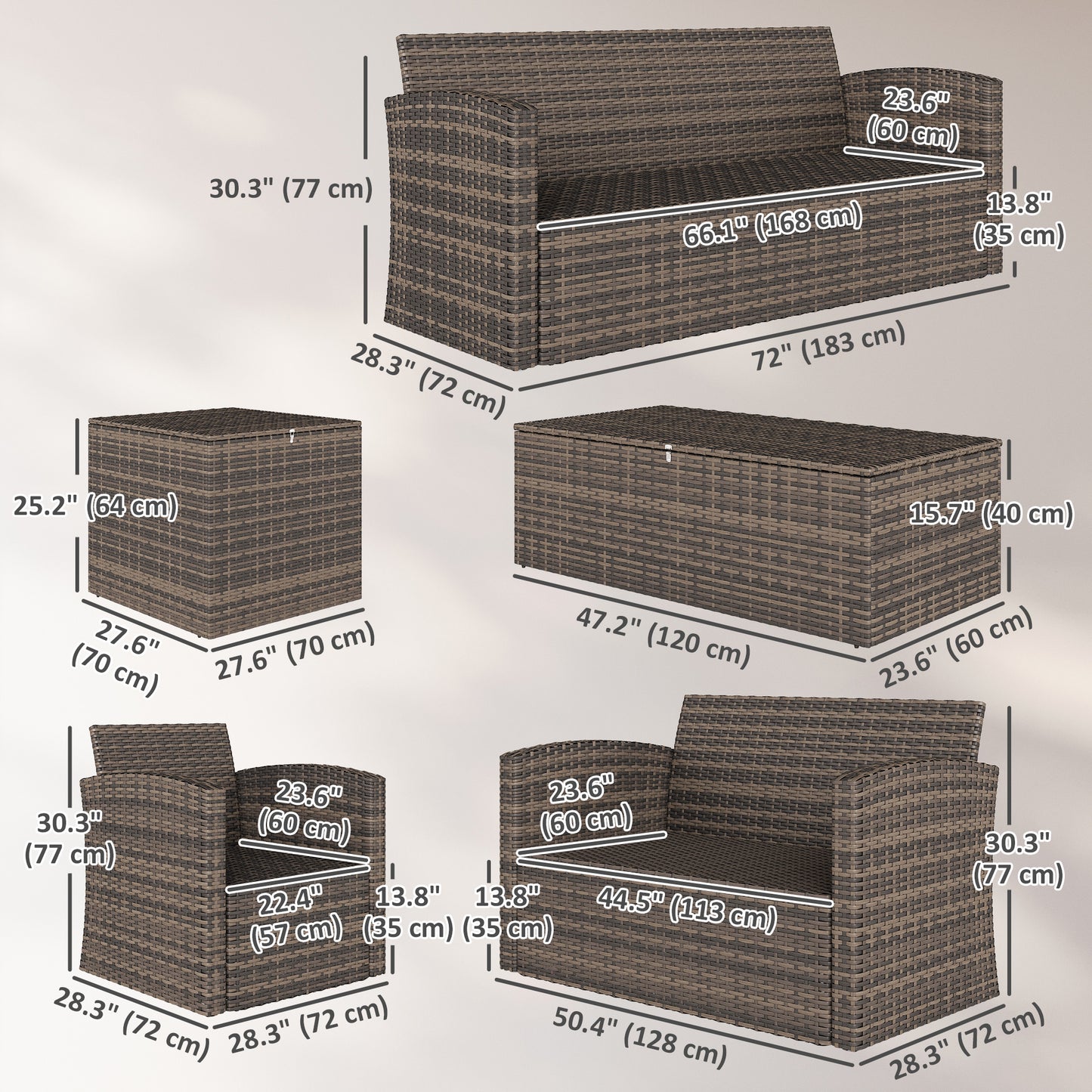 6 Pieces Wicker Patio Furniture Set with Cushions, 7-Seater Rattan Patio Sofa Set with Storage Table, Black