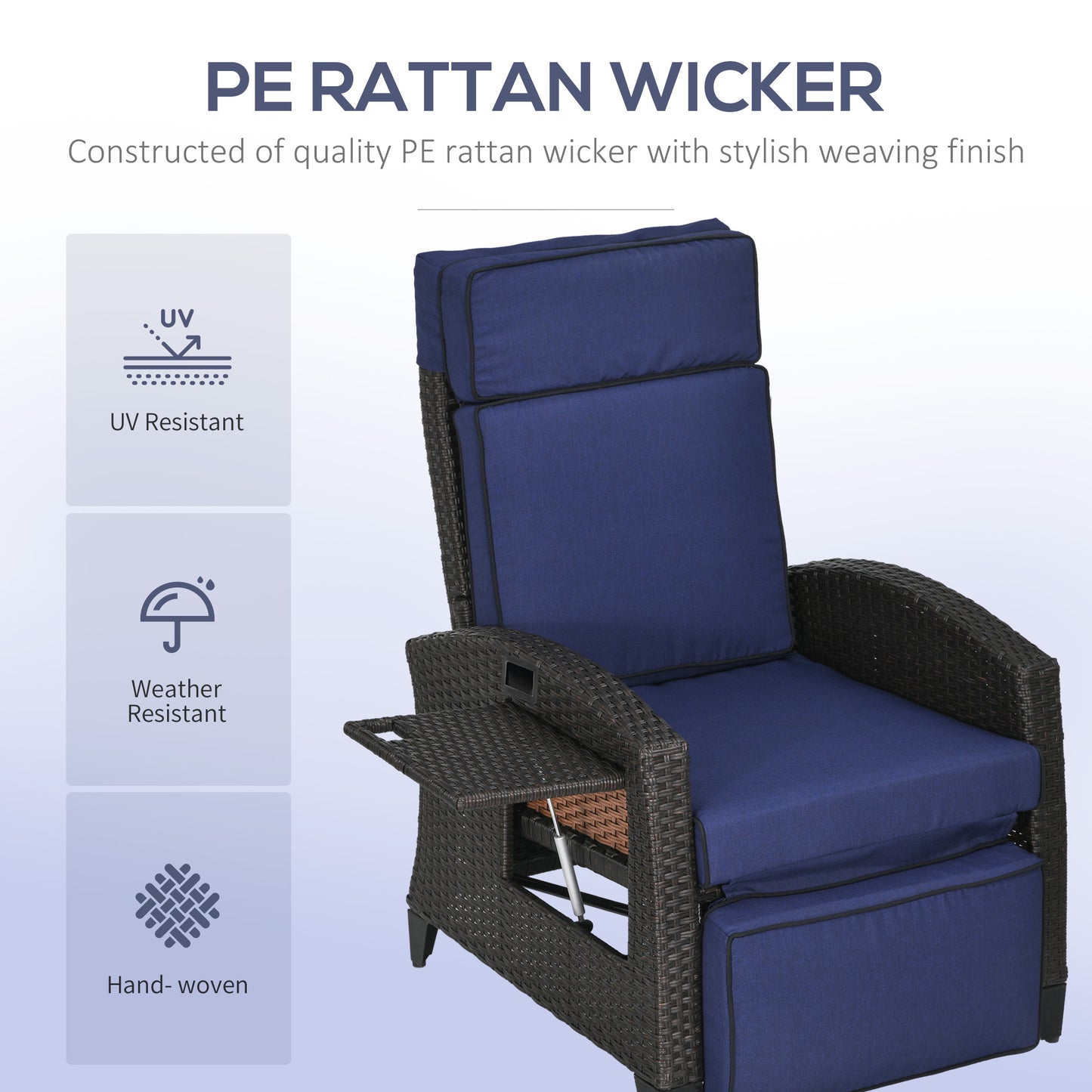 Outdoor Recliner Chair with Adjustable Backrest, Cushion, Side Tray, Black