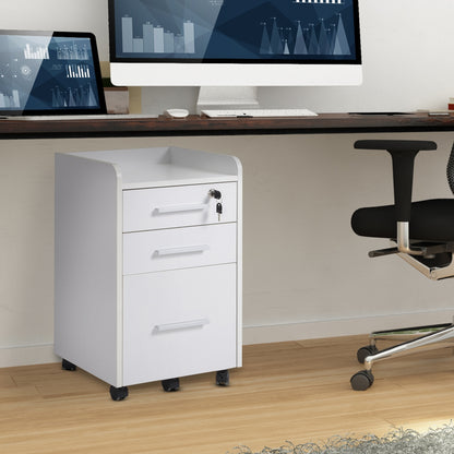 3-Drawer Filing Cabinet with Lock and Wheels - White