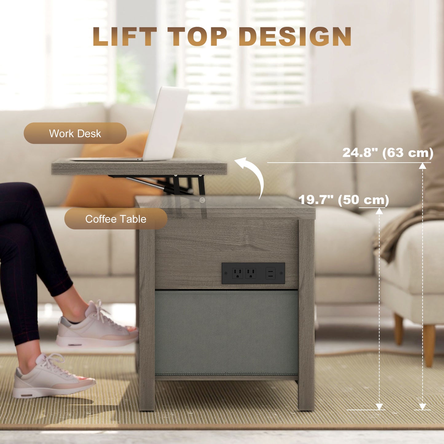 Lift Top Coffee Table, Center Table with 3 Hidden Compartments, 2 Fabric Drawers, Expandable Top and Charging Station