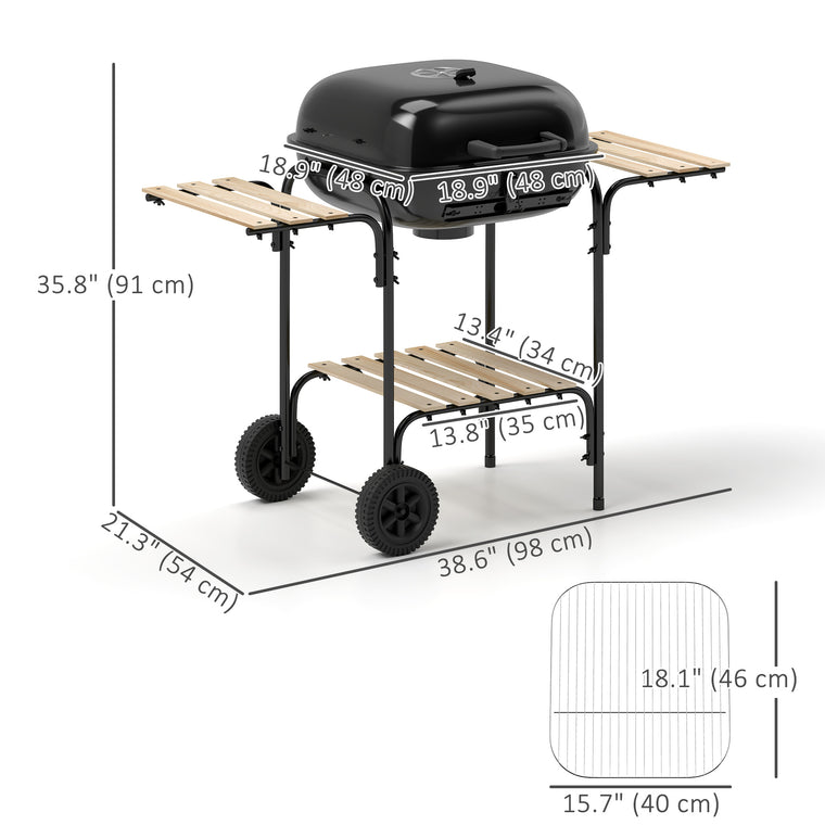 Black Charcoal BBQ Grill with 3 Shelves & Lockable Lid