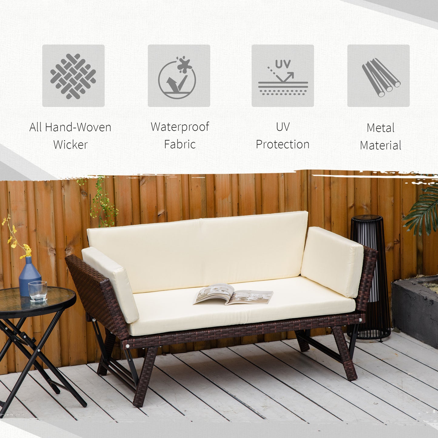 Convertible Rattan Sofa Bed Chaise Lounge Wicker Loveseat Armchair Double Seat with Cushion All Weather Patio Furniture Brown