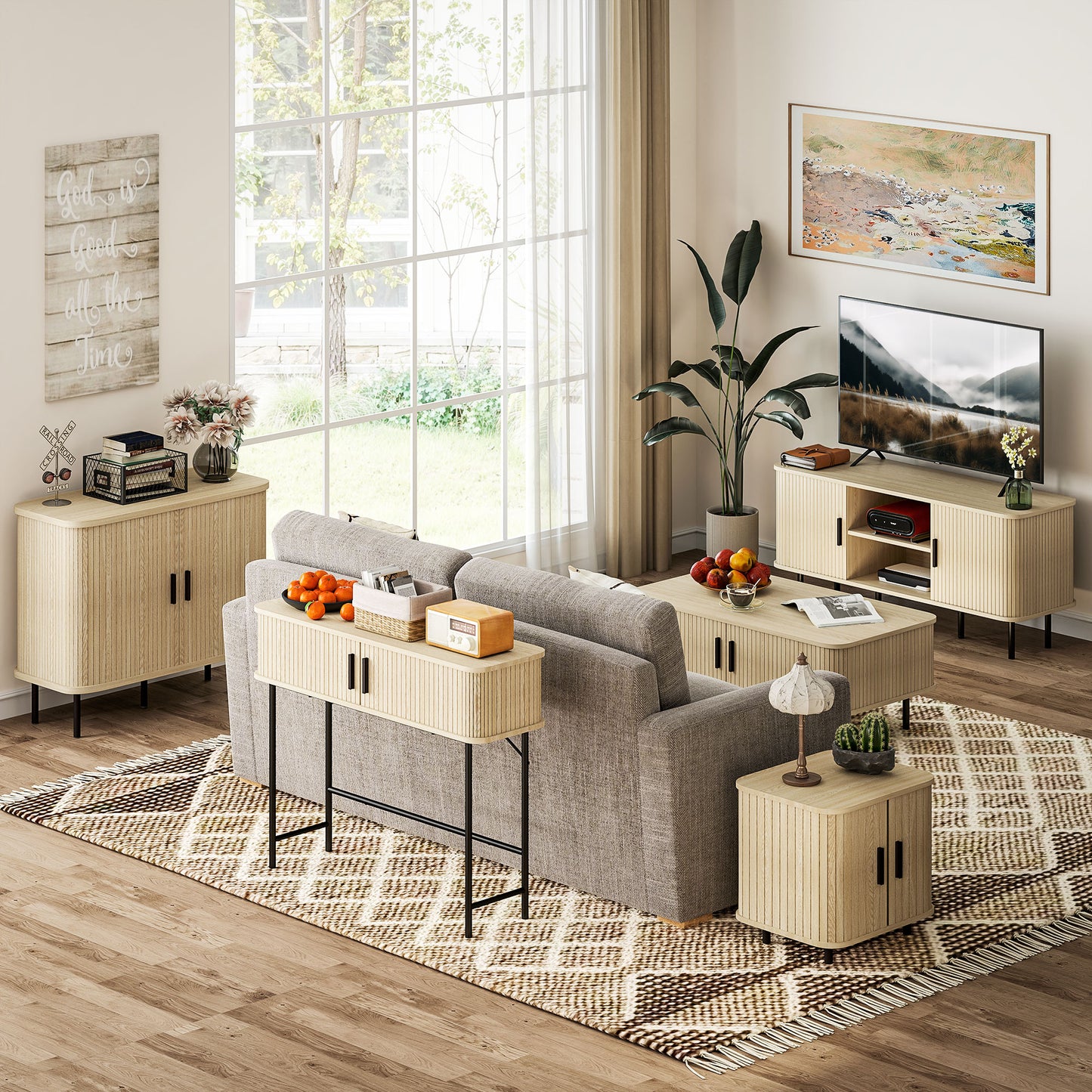 Mid-Century Entryway Table, Narrow Console Table with Storage Compartments for Behind Couch, Living Room, Oak and Black