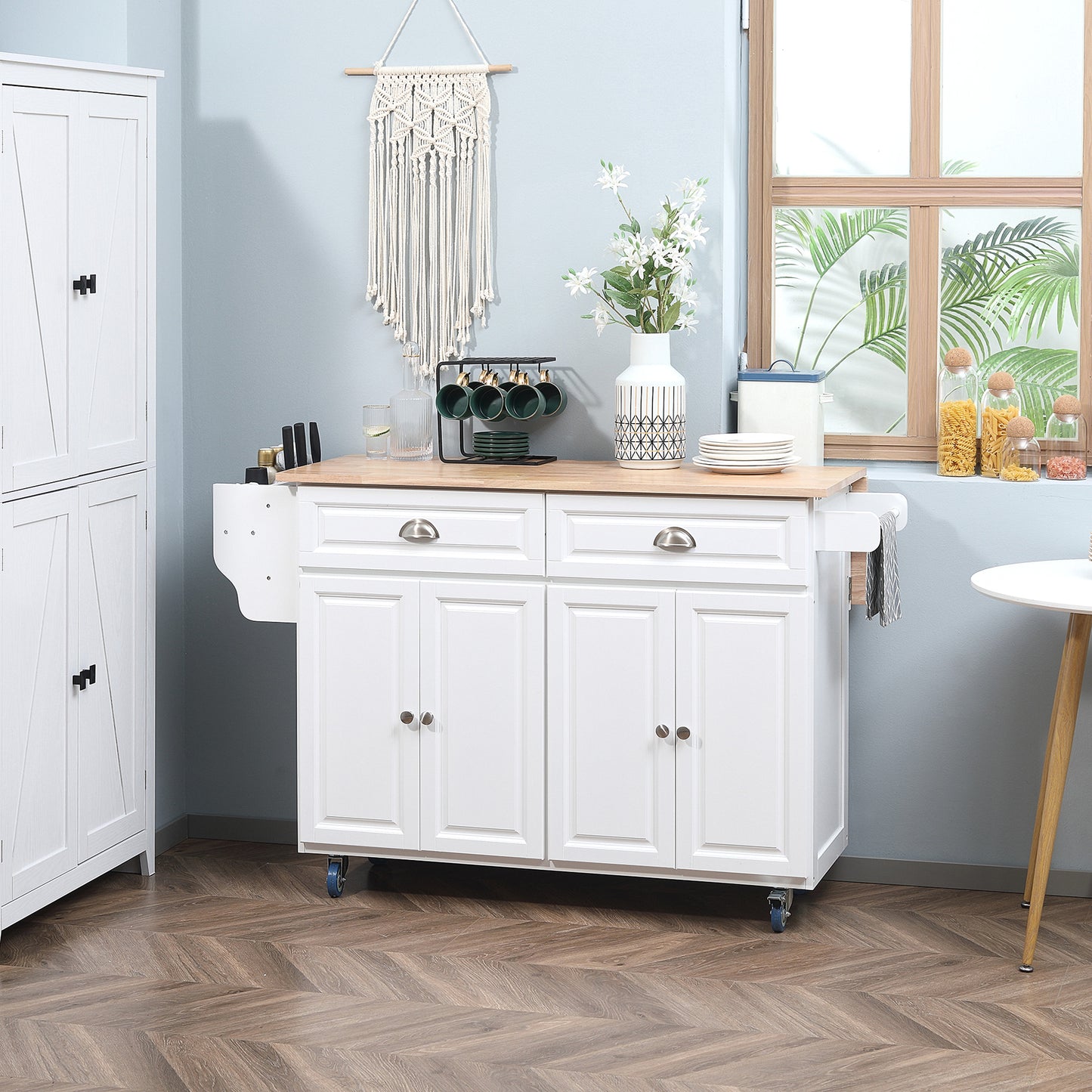 Kitchen Island with Storage, Rolling Kitchen Island with Drop Leaf, Rubber Wood Top and Adjustable Shelves, White