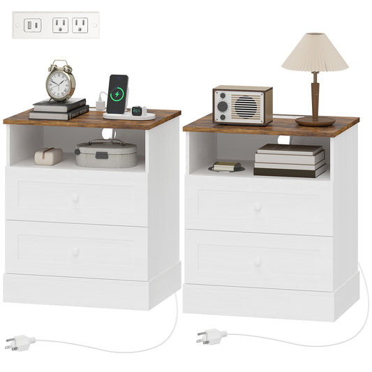 Nightstand Set of 2 with Charging Station - White and Oak