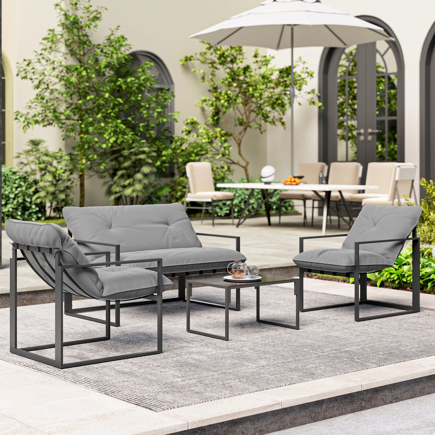 4 Piece Outdoor Furniture Set, Patio Conversation Set with Tempered Glass Table, Loveseat, Chairs, Cushions, Light Grey