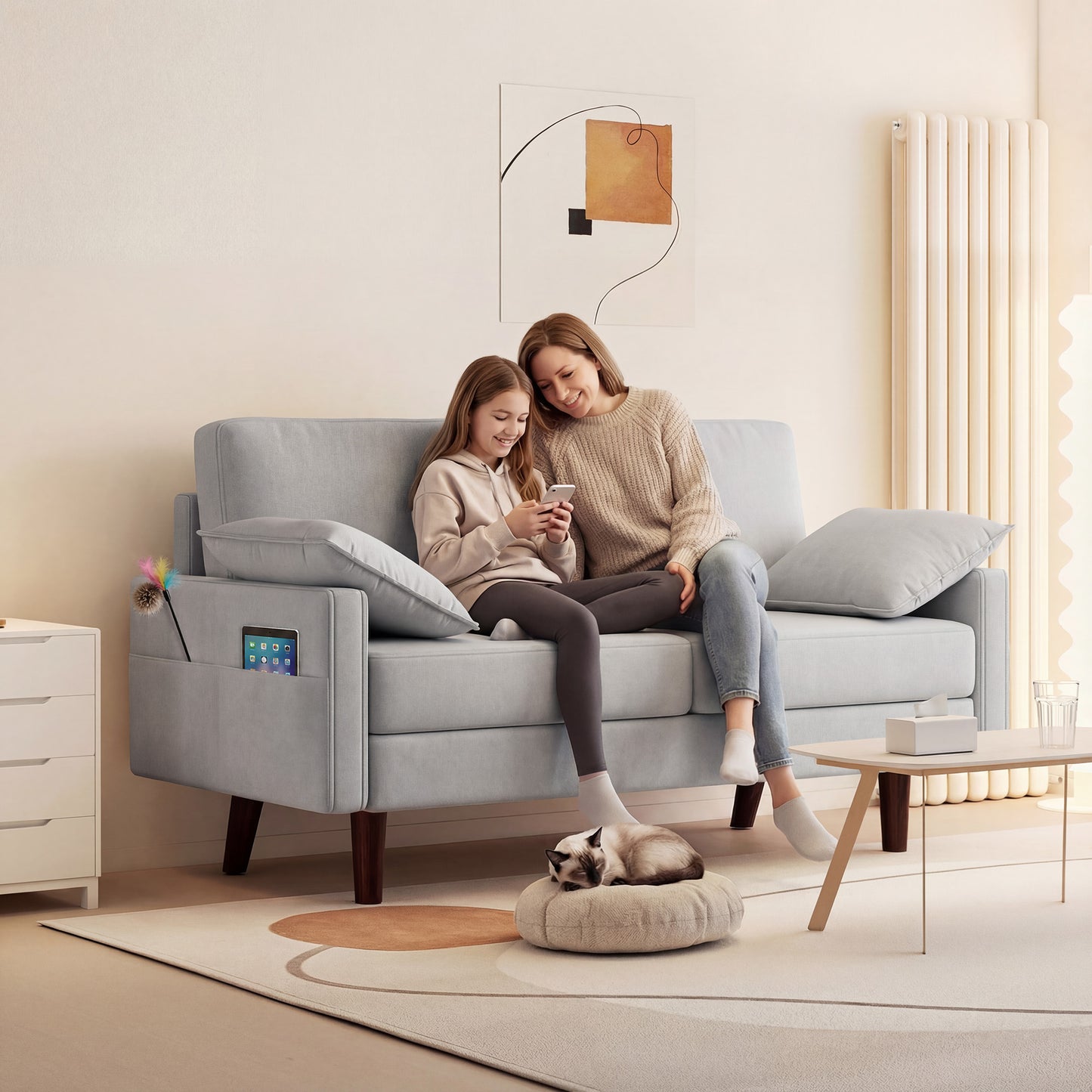 3 Seater Sofa, Velvet Upholstered Couch with Spring Cushions, Rubber Wood Legs and 2 Pillows, Grey