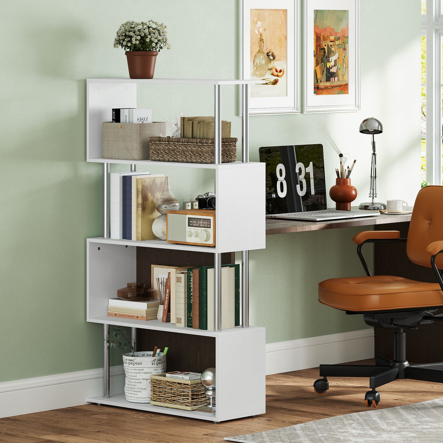 5-Tiers Geometric Wooden Bookcase S-Shaped Storage Bookshelf Display with Metal Frame for Living Room, Bedroom, Home Office, White