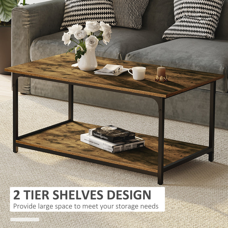 Industrial 2-Tier Coffee Table with Shelf - Rustic Brown