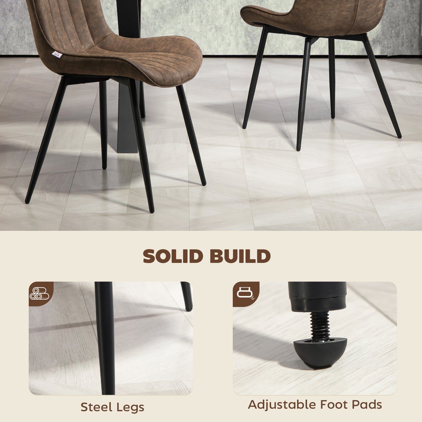 Dining Chairs Set of 4, PU Leather Upholstered Kitchen Chairs with Backrest and Steel Legs for Dining Room, Brown