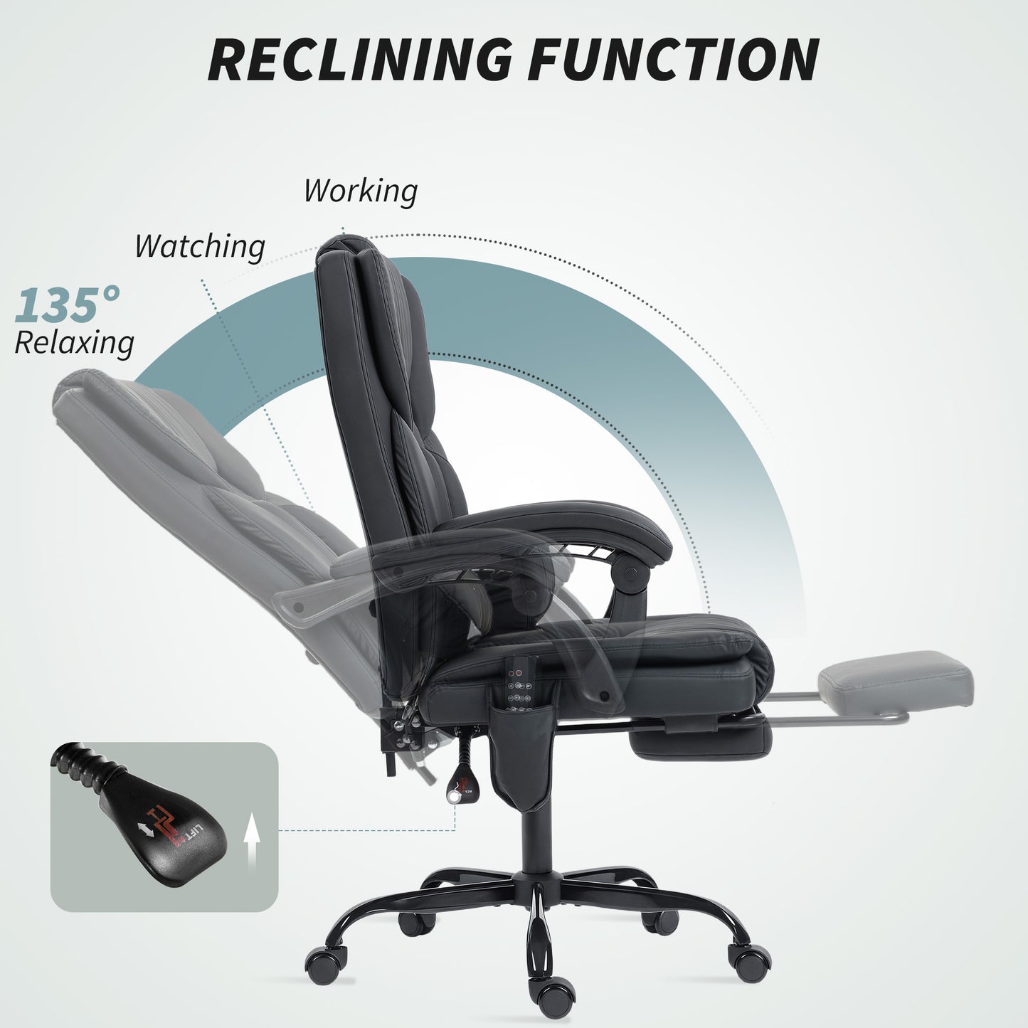 Office Chair with Massage, Pet-Friendly Faux Leather Reclining Desk Chair with Lumbar Support, Footrest, Black