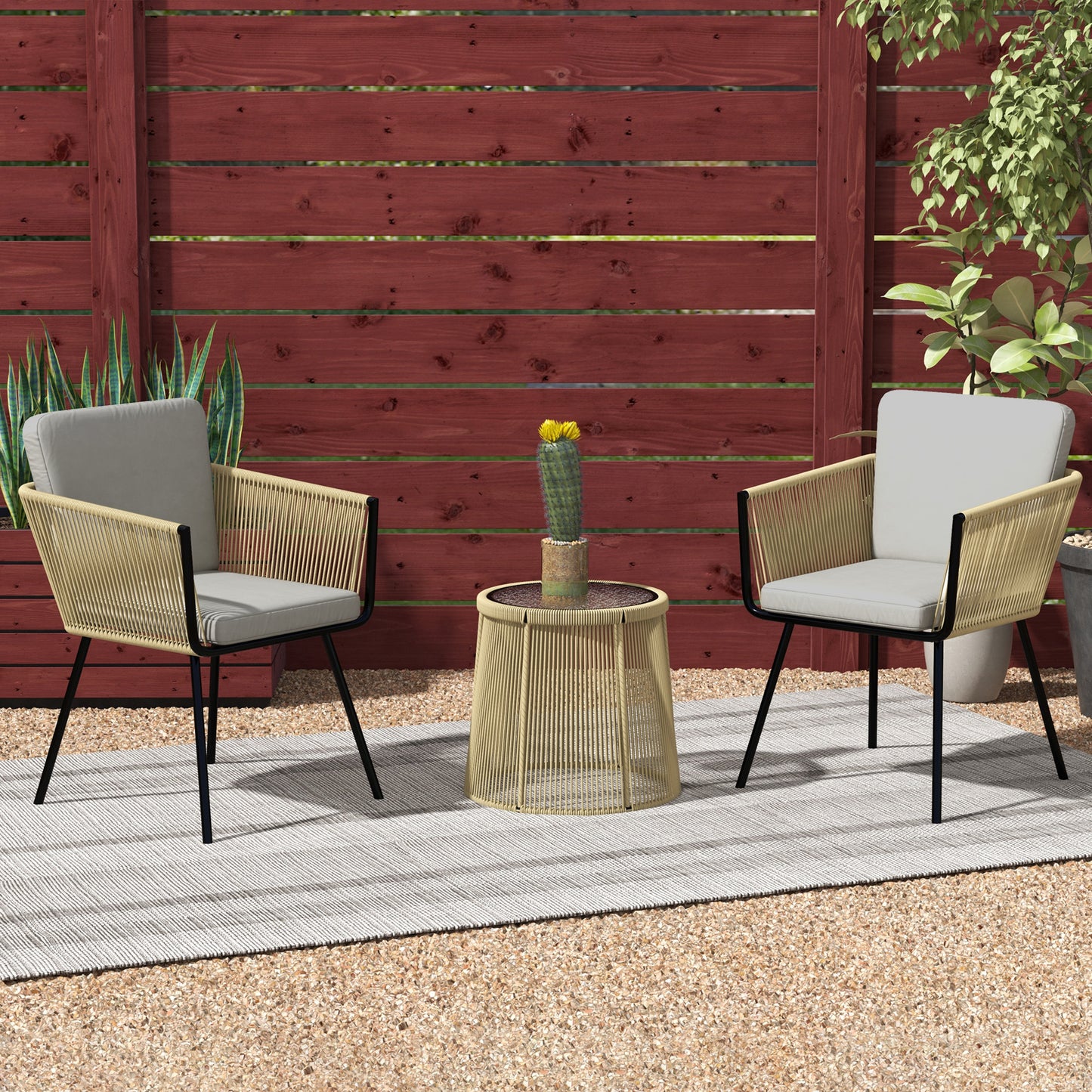 3 Piece Outdoor Patio Bistro Set, Wicker Rattan Furniture with Metal Legs for Garden, Backyard, Light Grey - Coffee