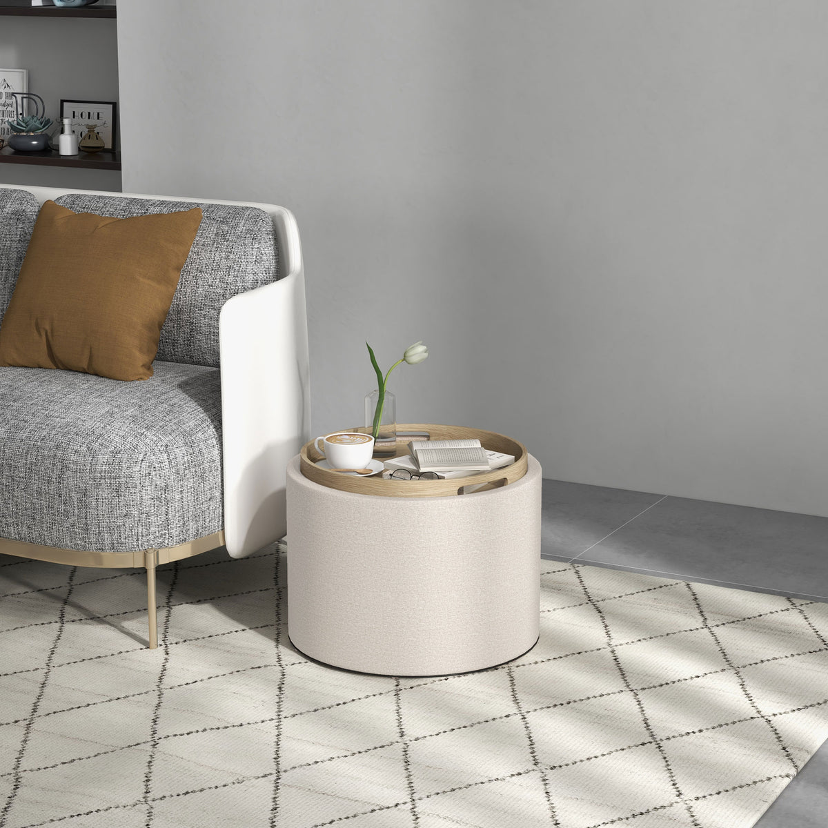 Round Coffee Table, End Table with Hidden Storage and Tray Top, Linen Upholstered Footrest for Living Room