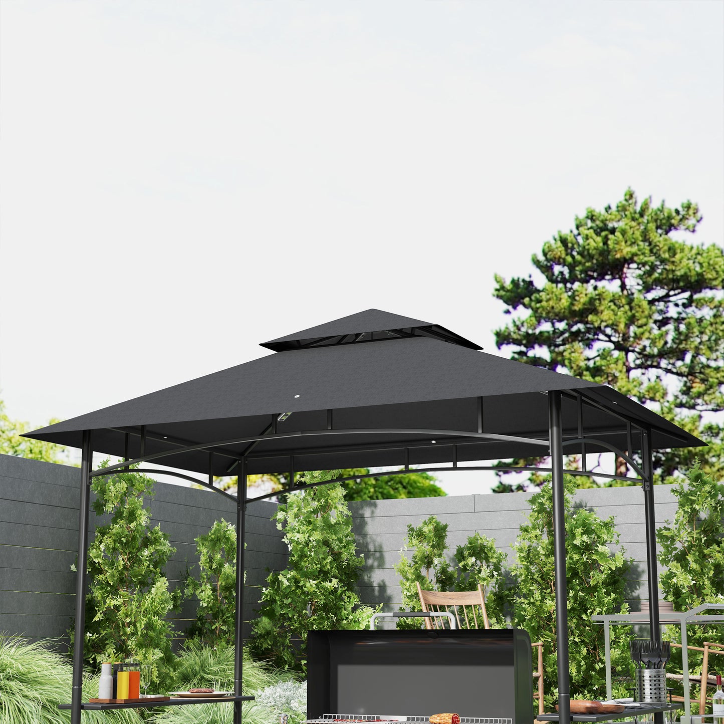 8' x 5' Barbecue Gazebo, 2-Tier BBQ Gazebo with 2 Side Shelves, Storage Basket, Hanging Hooks, Dark Grey