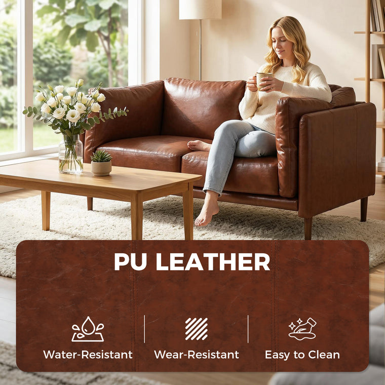 59" PU Leather Loveseat Sofa with Wood Legs - Brown