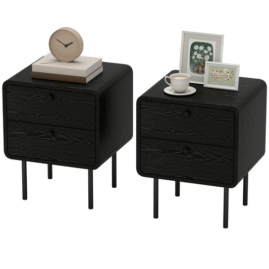 Nightstand Set of 2 with Drawer and Steel Legs - Black Wood Grain
