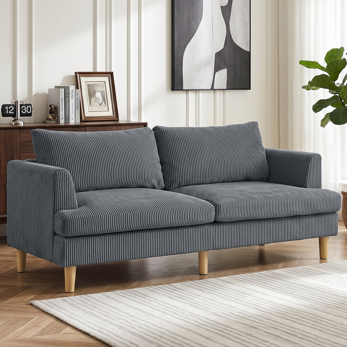 3 Seater Sofa, 74" Modern Corduroy Upholstered Couch with Thick Spring Cushions, Solid Wood Legs, Armrests, Dark Grey