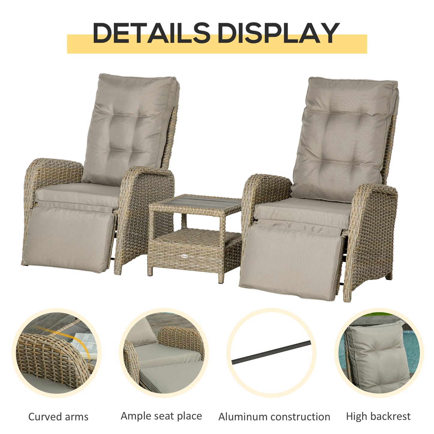 3 Pieces Patio Wicker Bistro Set, PE Rattan Coffee Table & Adjustable Recline Chairs Furniture Set with Cushions and Wood Grain Plastic Top, Grey
