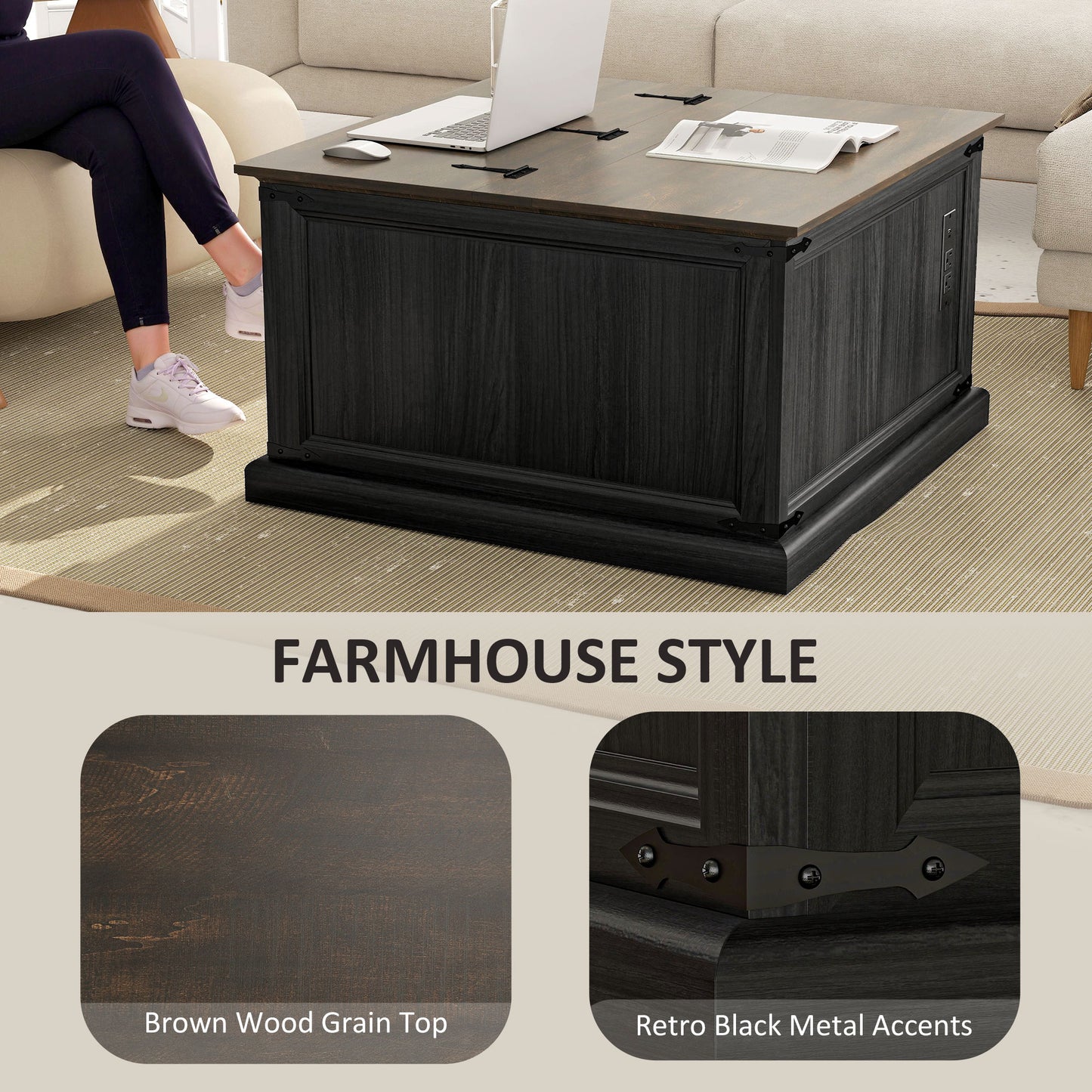Lift Top Coffee Table with Charging Station, Square Farmhouse Center Table with Hidden Storage, Black Wood Grain