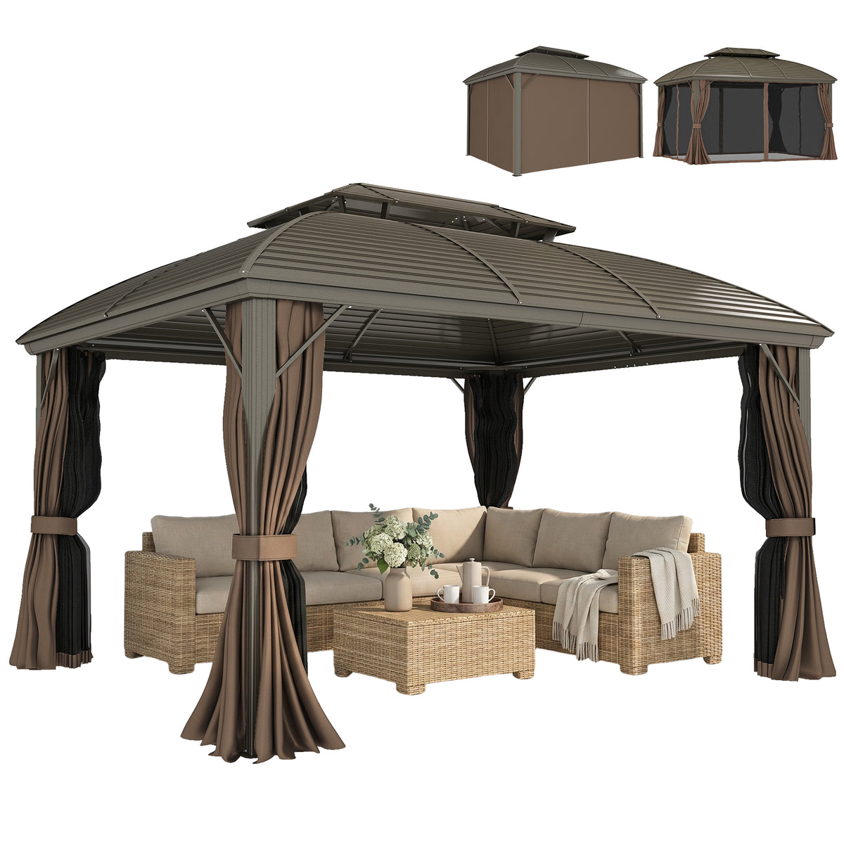 10' x 12' Hardtop Gazebo Canopy with Double Roof, Netting and Curtains for Garden, Backyard, Deck, Coffee