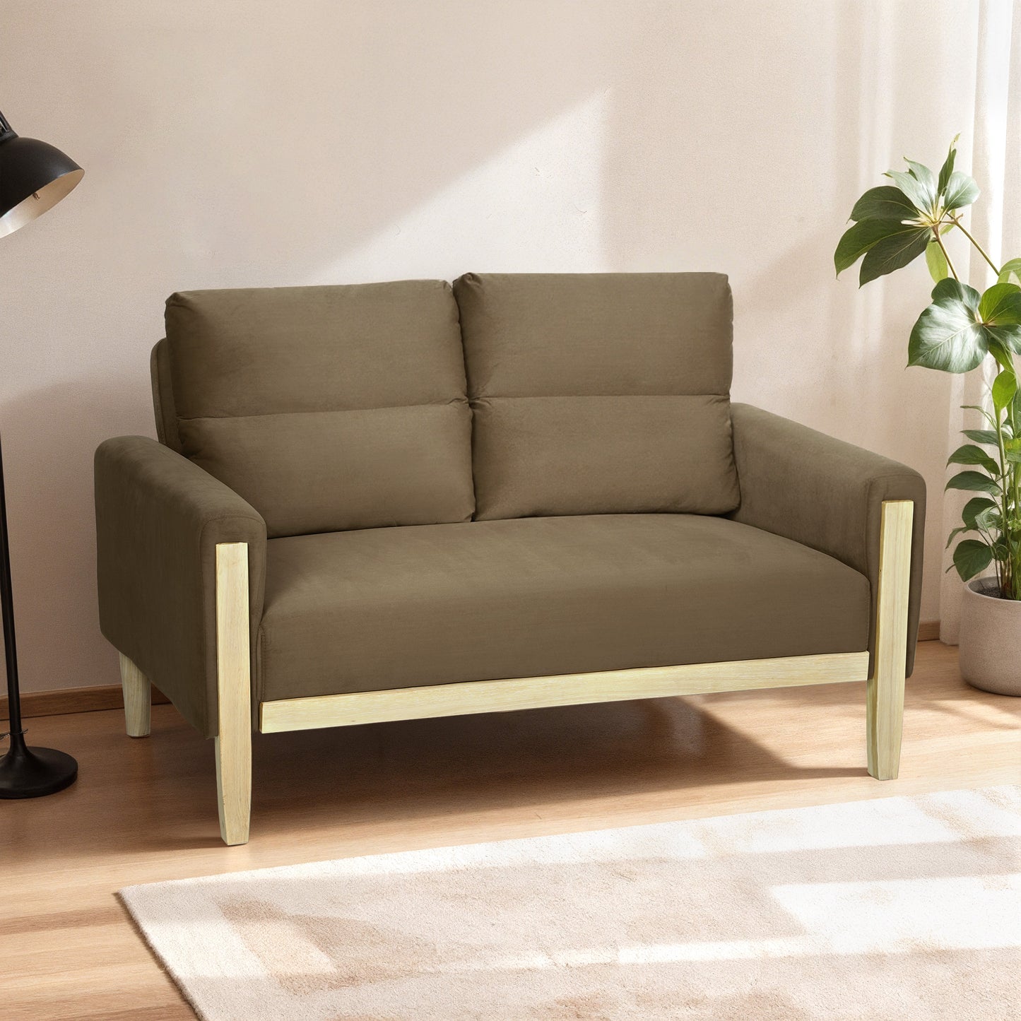 53" Loveseat Sofa, Small 2 Seater Couch with Solid Wood Legs, Modern Velvet Sofa for Living Room, Small Spaces,Brown