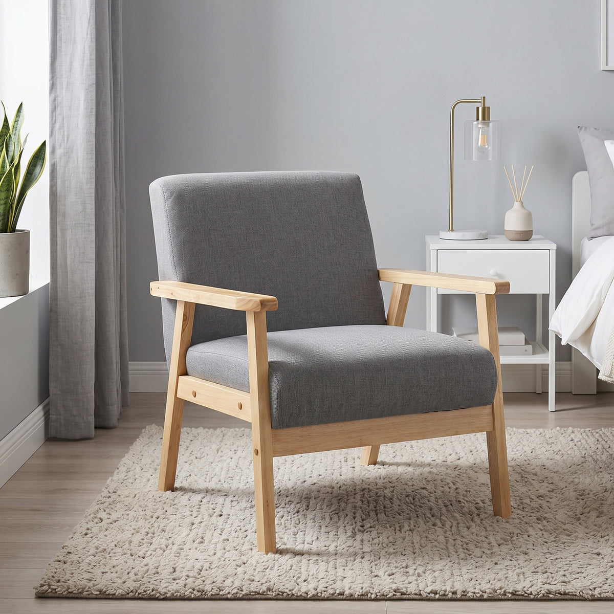 Minimalistic Accent Chairs Wood Frame w/ Thick Linen Cushions Wide Seat Armchair for Bedroom Office, Grey