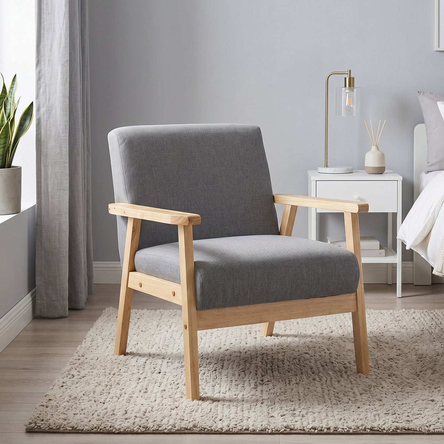 Minimalistic Accent Chairs Wood Frame w/ Thick Linen Cushions Wide Seat Armchair for Bedroom Office, Grey