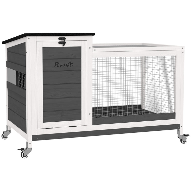 Grey Wooden Rabbit Hutch with Pull-Out Tray & Openable Roof