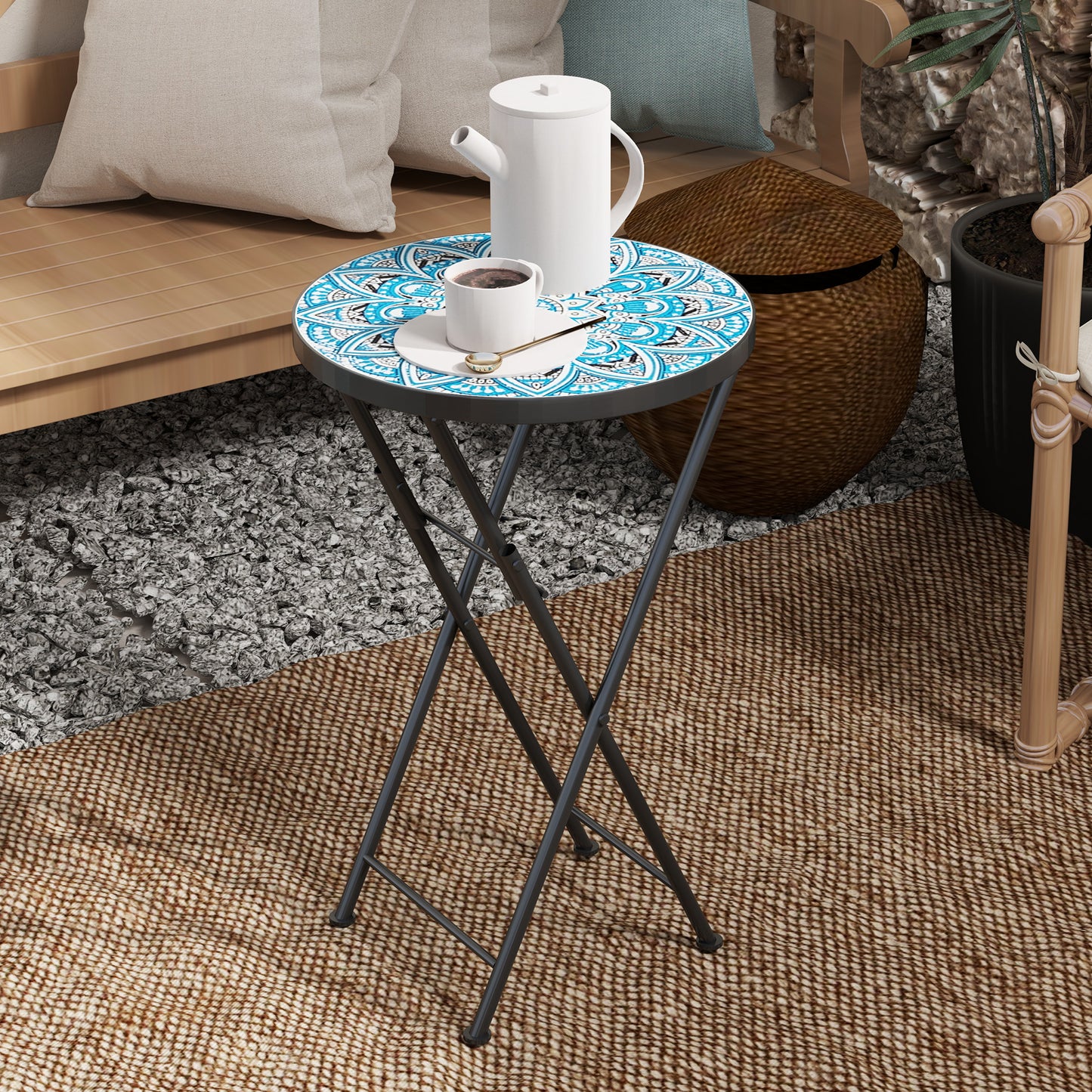 Mosaic Outdoor Patio Side Table, 14" Round Folding Outdoor Coffee Table with Steel Frame for Balcony Deck Patio Terrace, Mixed Colour