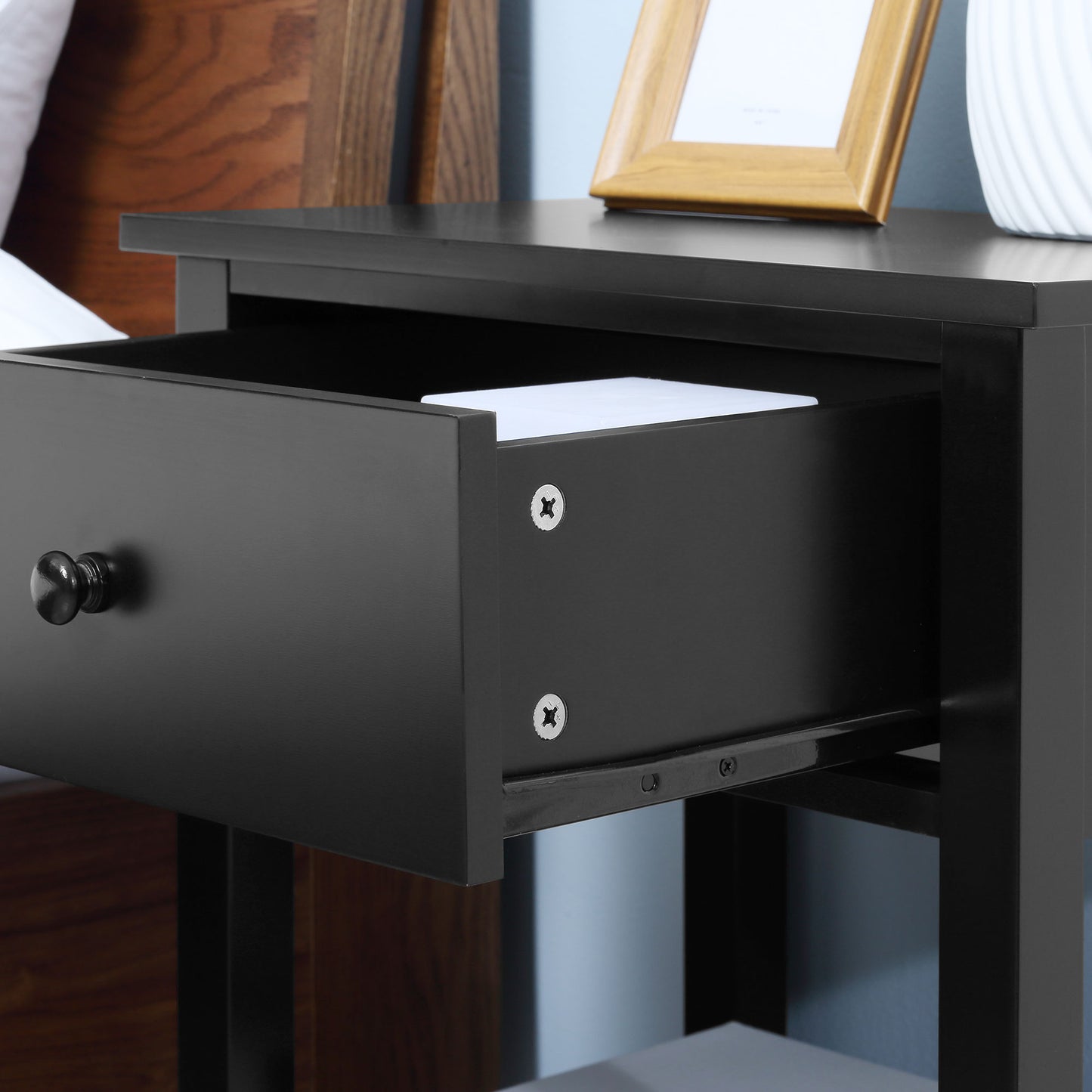 Modern Style Nightstand, Small End Table with Drawer and Storage Shelf for Bedroom, Living Room, Black