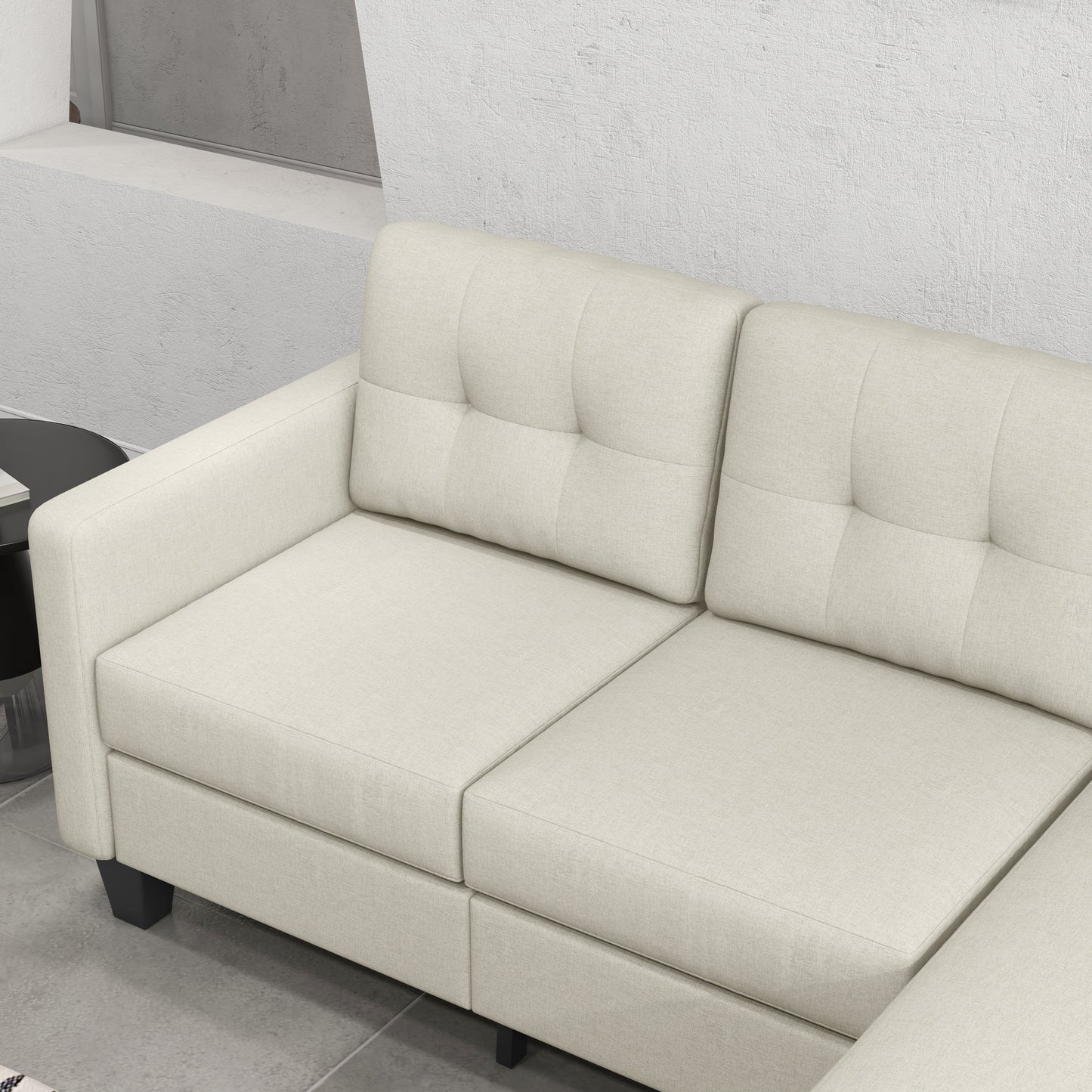 L-shaped Sofa, 3 Seater Sectional Couch with Ottoman, Corner Sofa with Thick Padded Cushion and Wood Legs, Beige