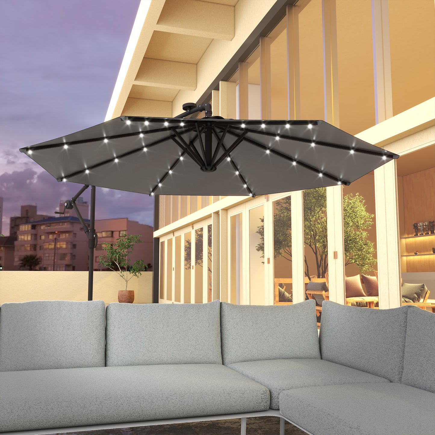 9.5' Dark Grey Offset Parasol with Solar LED Lights