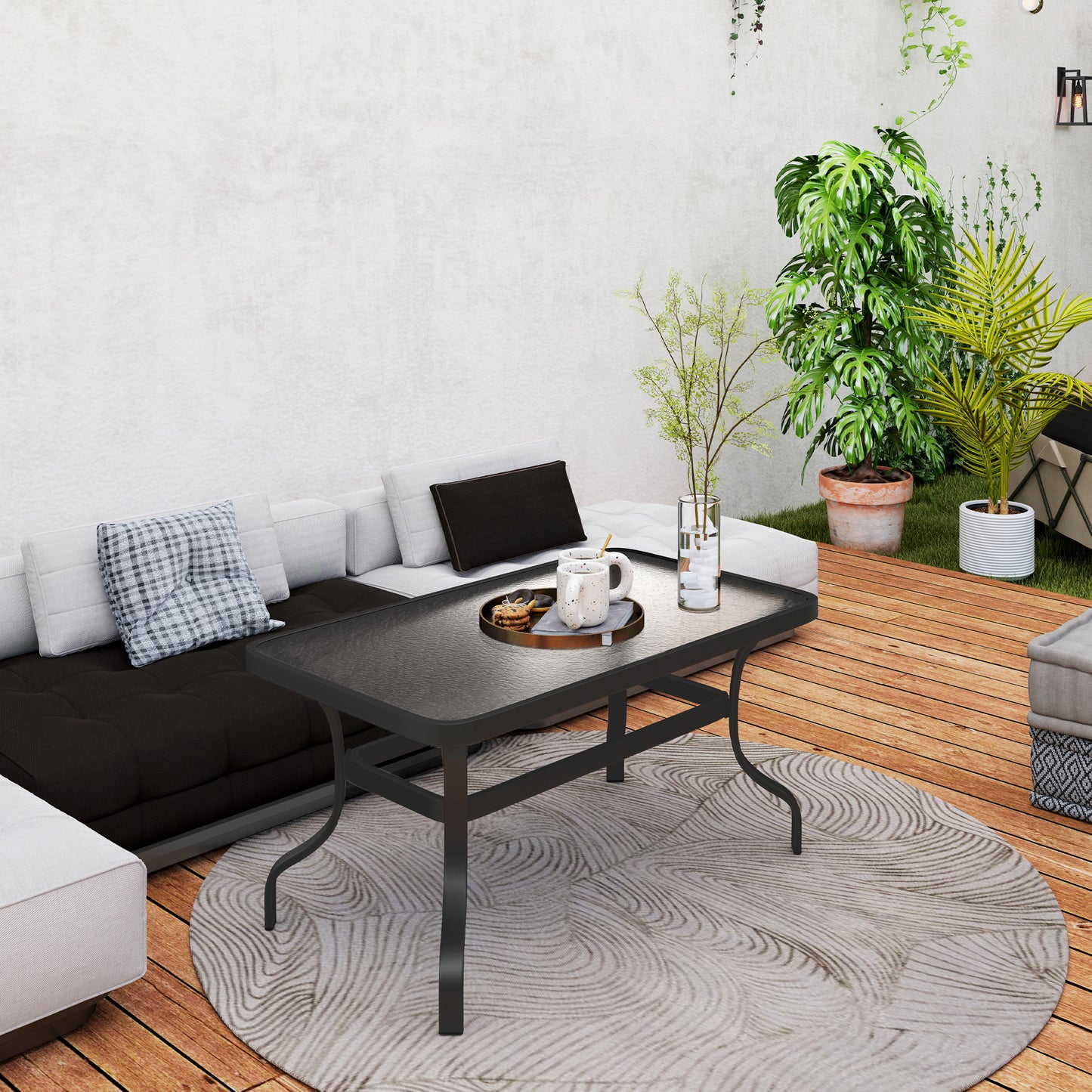 37" Patio Coffee Table with Tempered Glass Top, Outdoor Coffee Table with Metal Frame, Black