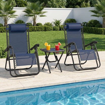Zero Gravity Chair Set of 2 Patio Chair with Side Table Cupholders and Pillows for Pool, Backyard, Lawn, Blue - Blue