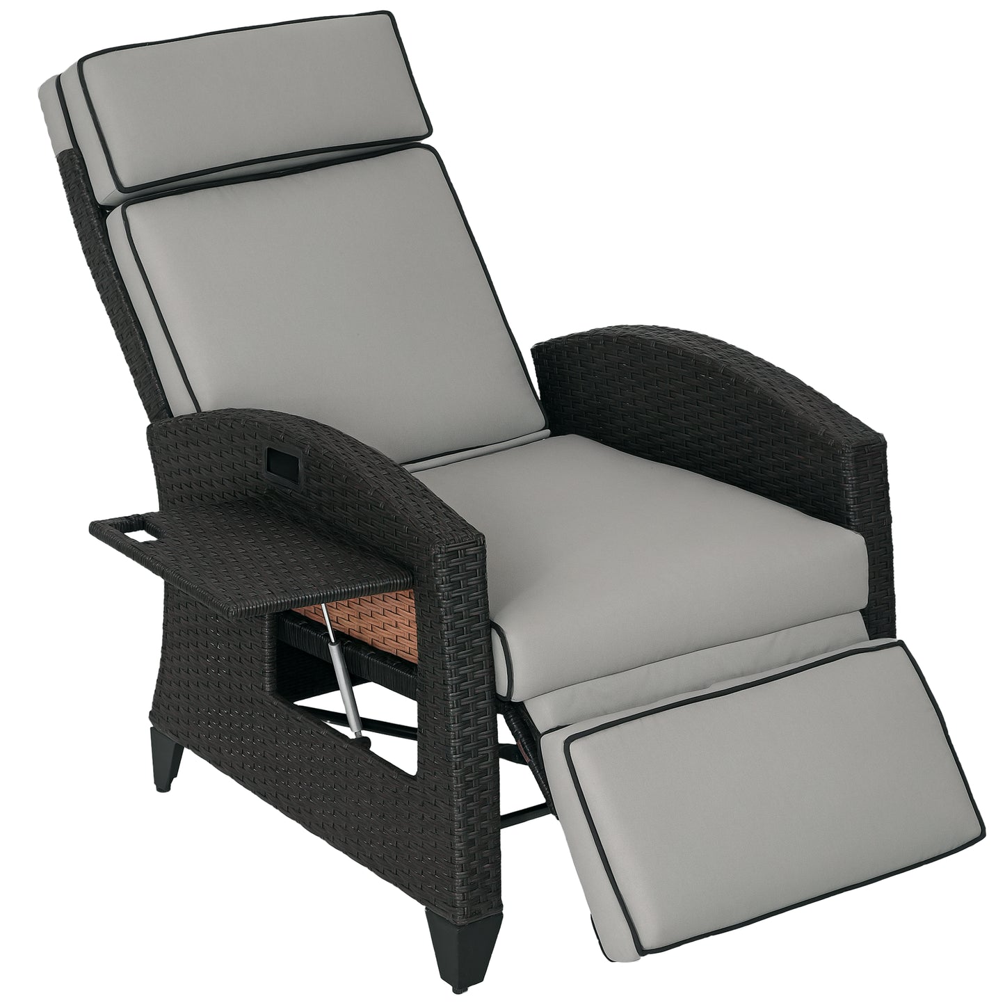 Outdoor Recliner Chair with Adjustable Backrest, Cushion, Side Tray, Black