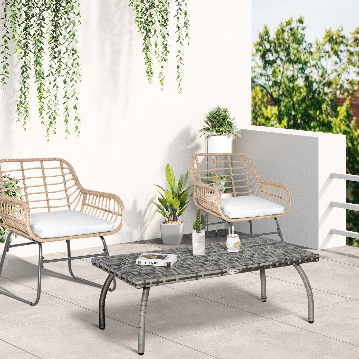 Rattan Coffee Table Outdoor Side Table, 35.4" x 19.7" Small Wicker Patio Furniture with All-Weather PE for Garden, Balcony, Backyard, Poolside, Grey