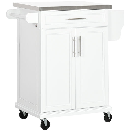 Rolling Kitchen Island with Stainless Steel Top - White