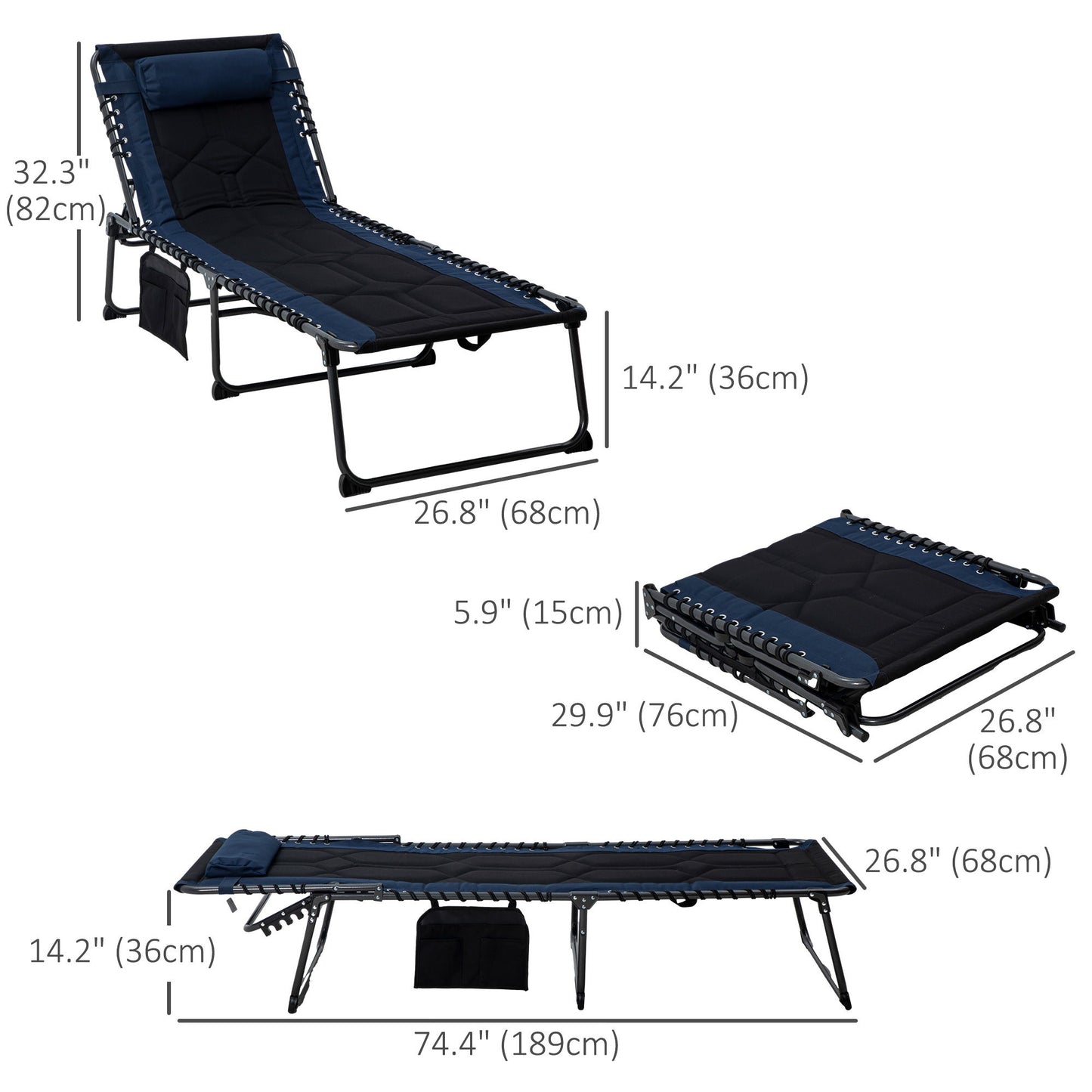 Folding Chaise Lounge w/ 5-level Reclining Back, Outdoor Tanning Chair Lounge Chair w/ Padded Seat, Side Pocket, Headrest, Carry Strap, for Beach, Yard, Patio, Blue