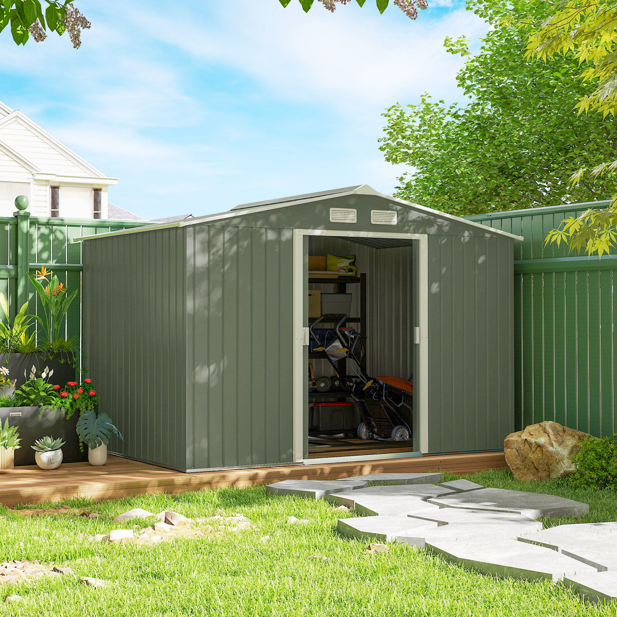 9.1'x6.4'x6.3' Garden Storage Shed w/ Foundation Kit Metal Tool Storage House w/ Double Doors Light Green