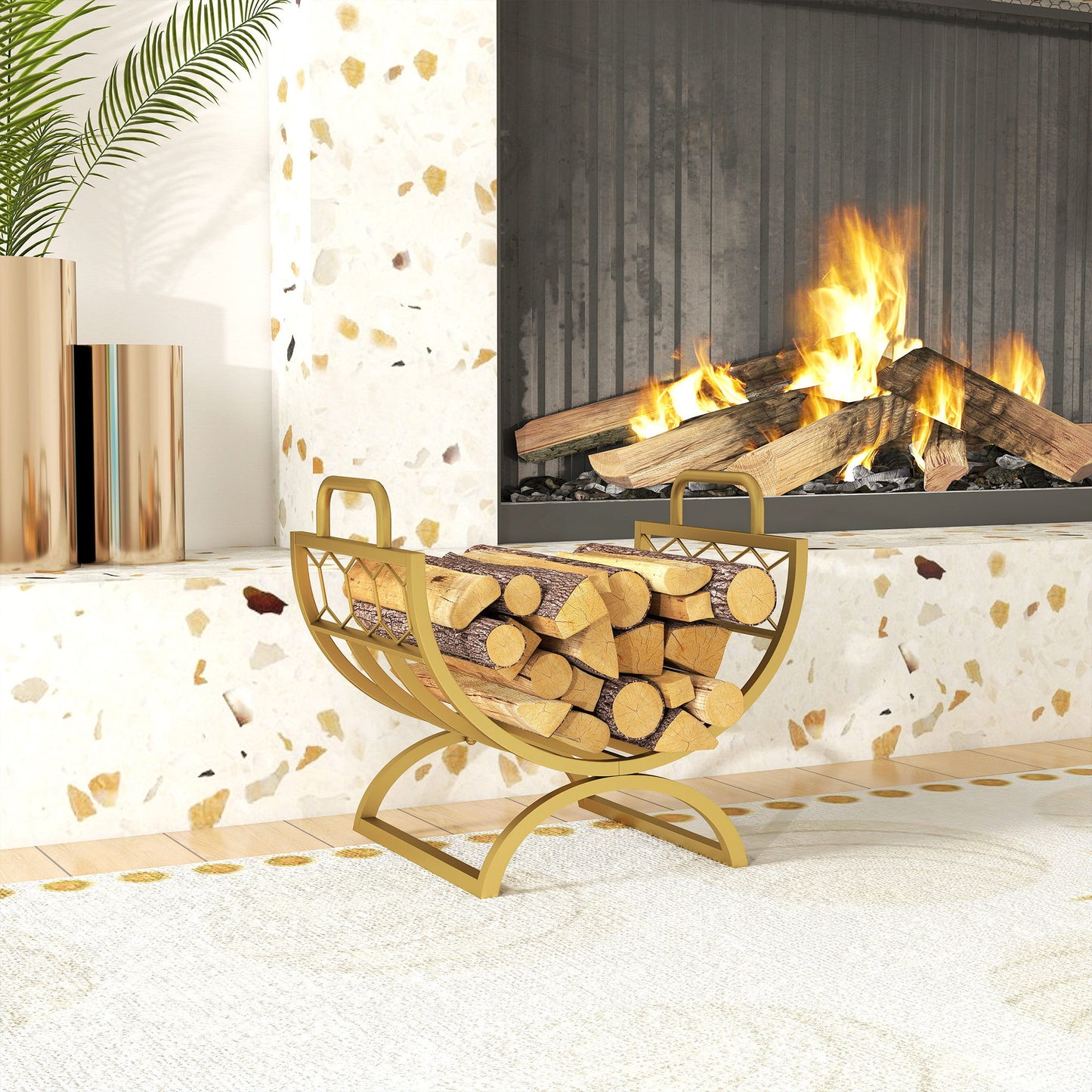 Firewood Rack Outdoor, Heavy Duty Log Holder with Handles for Indoor Outdoor Fireplace Storage 18" x 14" x 16", Gold