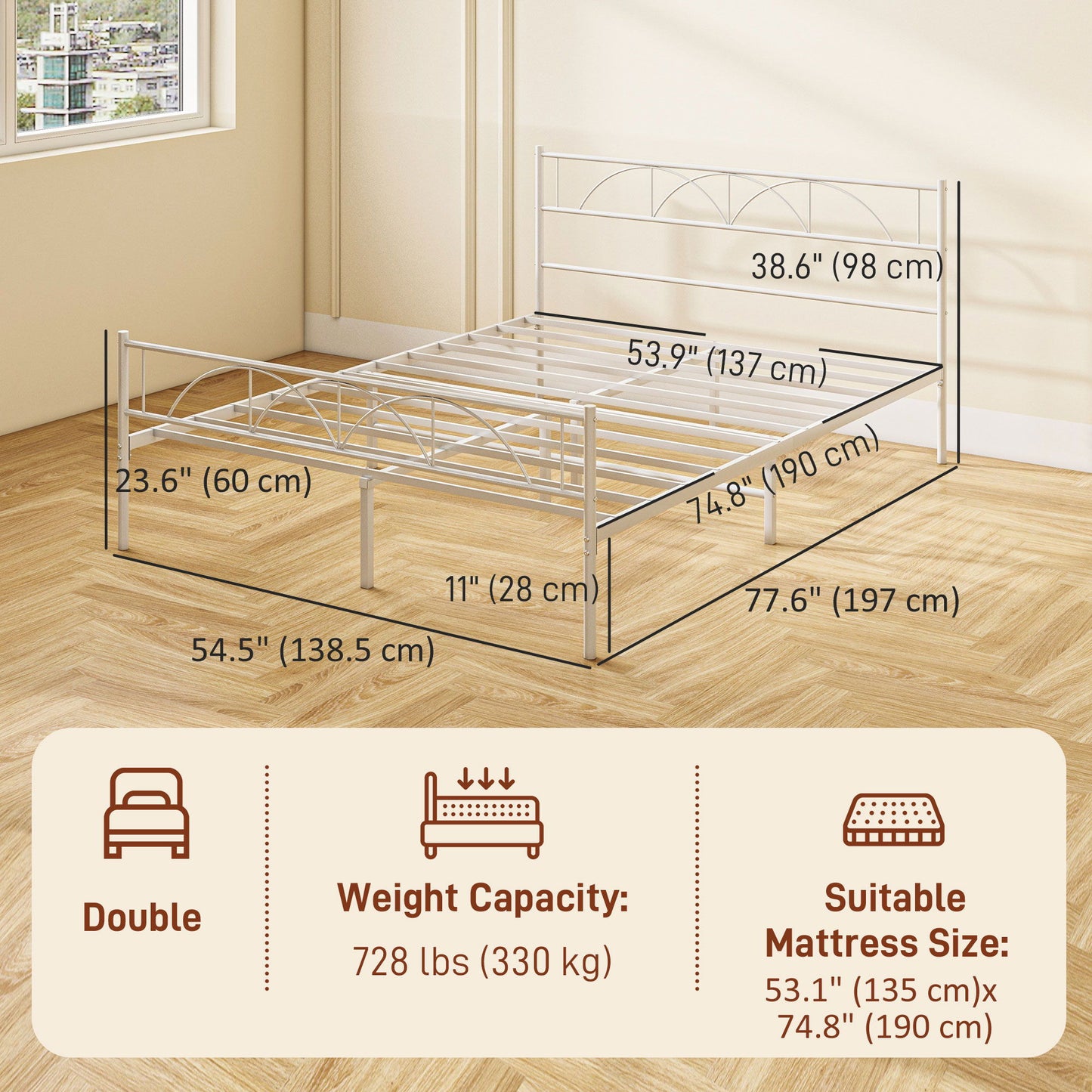 Metal Full Platform Bed Frame with Headboard, Steel Slat Support, Underbed Storage, No Box Spring Needed, Easy Assembly
