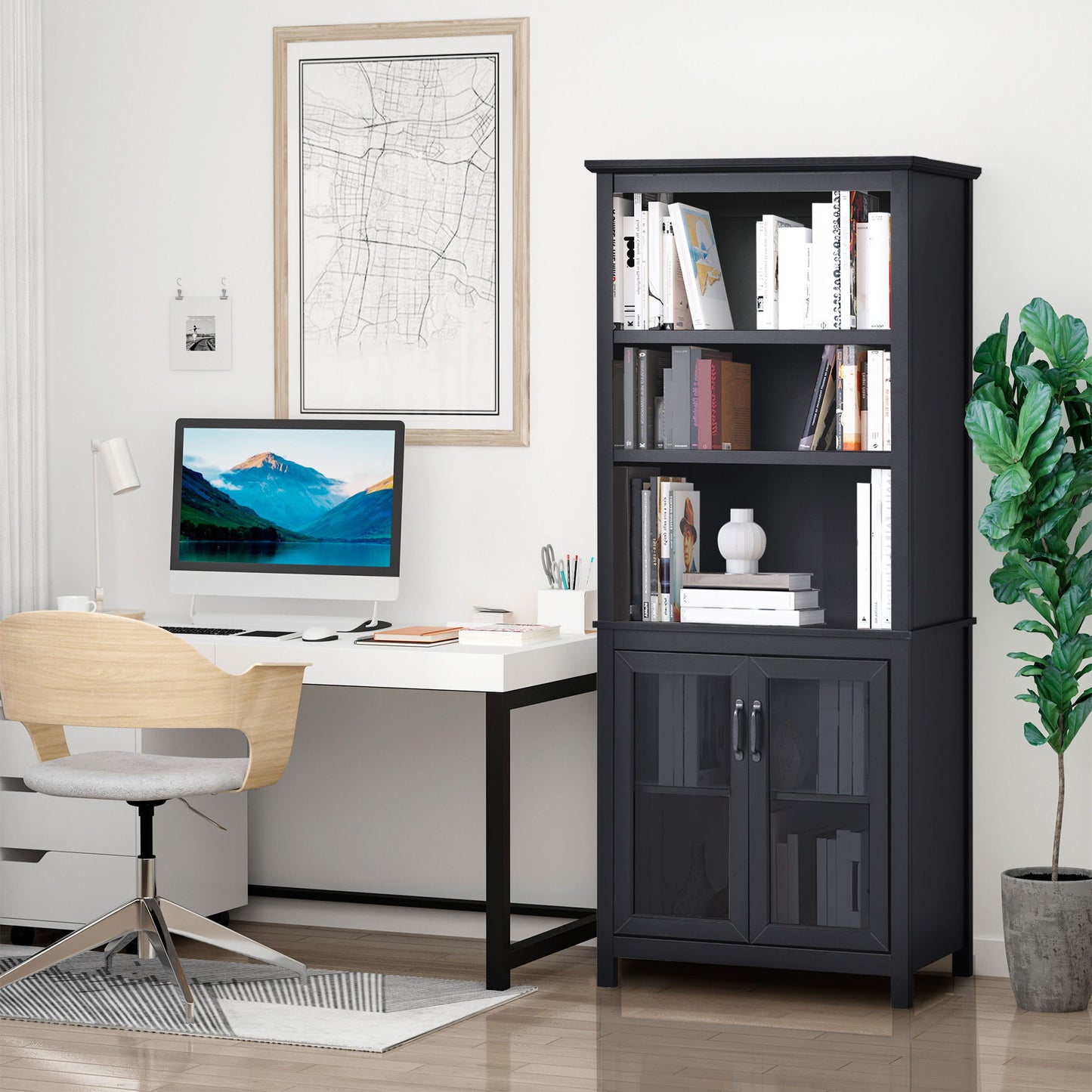 3-Tier Multifunctional Bookcase, Storage Bookshelf, Display Shelves with Glass Doors, Open Compartments and Adjustable Shelves for Home Office, Living Room, Study, Black